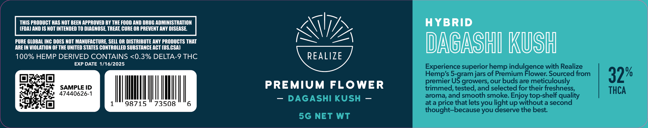 Wholesale - Realize Premium Flower 5 Gram Jar, Dagashi Kush