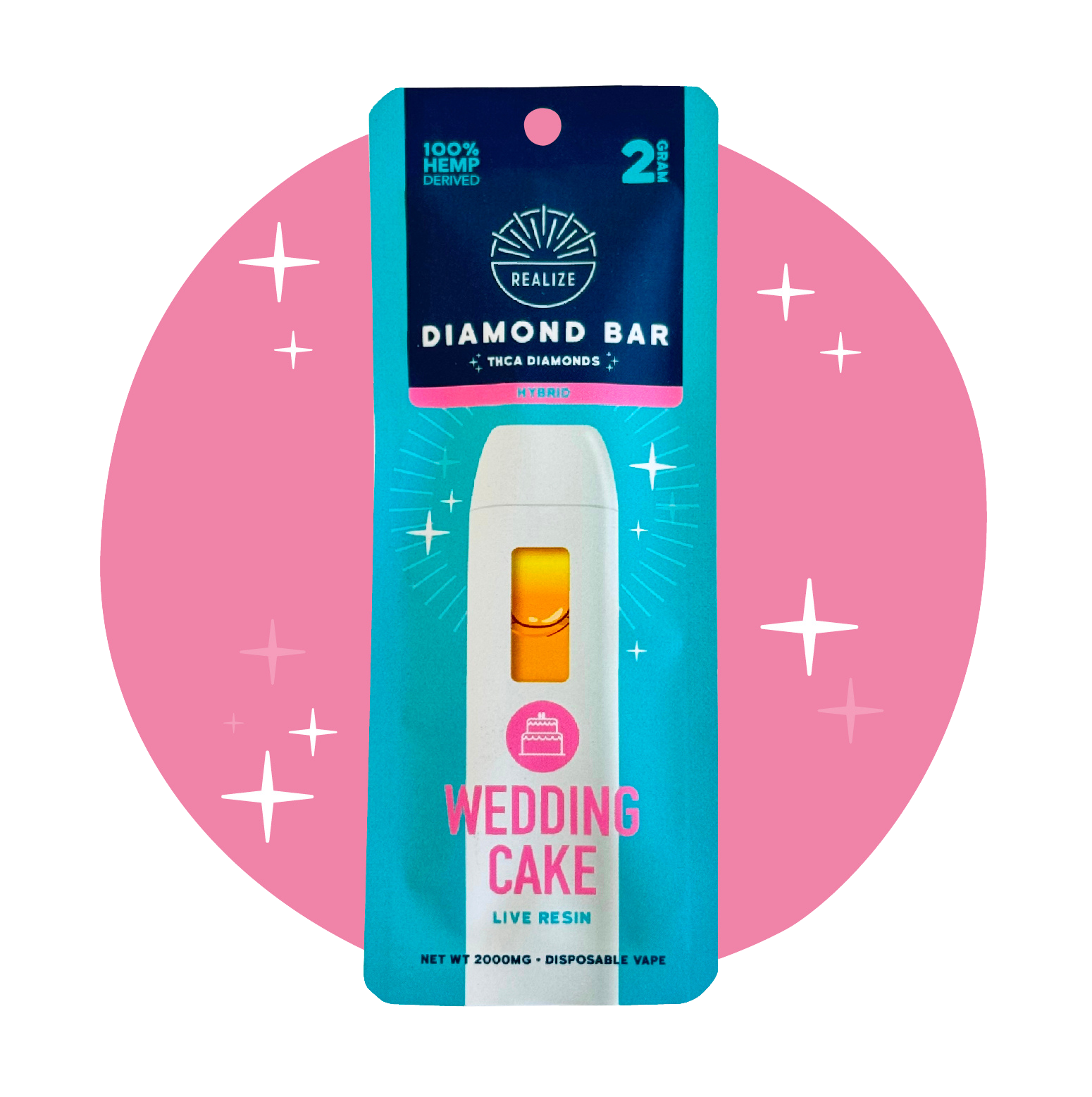 Realize Wedding Cake Diamond Bar disposable vape packaging front, hybrid strain with THCA diamonds and live resin, 2 gram disposable vape with white device and pink accents